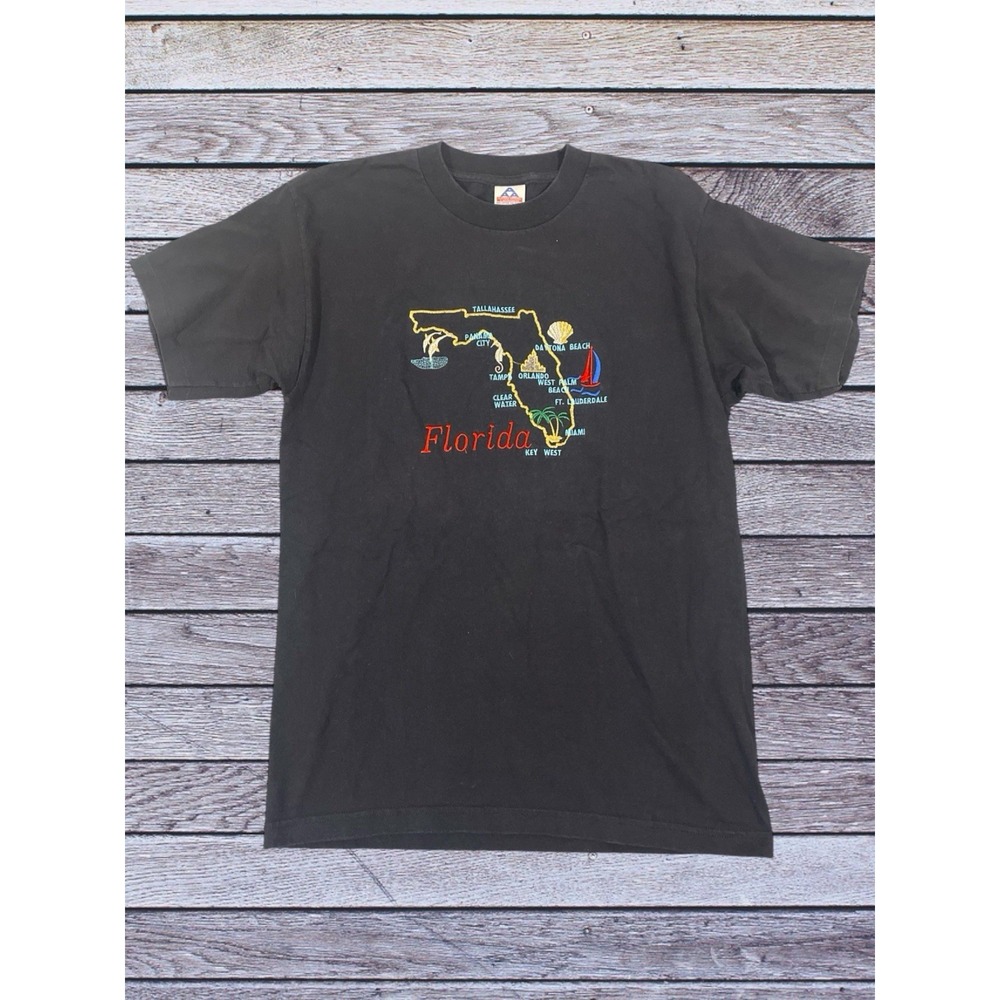 Vintage AAA Black Embroidered Florida Map Shirt Size Large Single Stitch